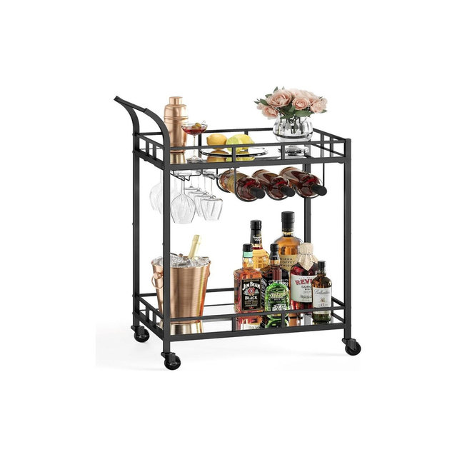 VASAGLE Bar Cart Black, Home Bar Serving Cart, Wine Cart with 2 Mirrored Shelves, Wine Holders, Glass Holders, for Kitchen, Dining Room, Black