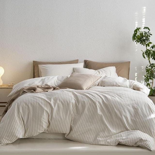 MooMee Bedding Duvet Cover Set Striped 100% Washed Cotton Linen Like Textured Breathable Durable Soft Comfy (White Tannish Linen Grey Wide Stripes, Queen)