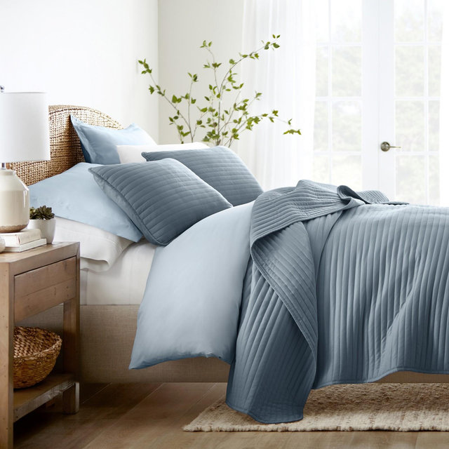 Stripes Floral and Diamonds Quilted Coverlet Set With Shams - Becky Cameron, Full/Queen, Stripe Stitch / Dusk Blue