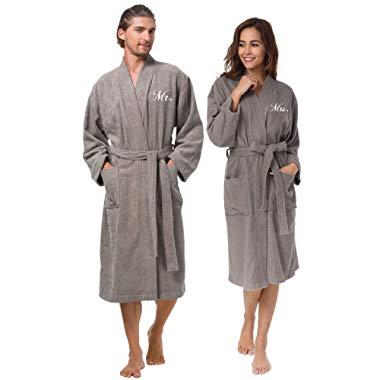 AW BRIDAL Couple's Terry Cotton Kimono Robe Spa Bathrobe Set - Unisex Hotel Robe with Elegant Script Embroidery