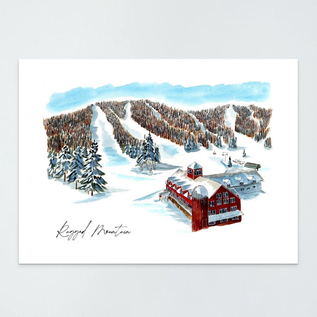 Ragged Mountain Ski Resort Art Print: Watercolor and Ink New Hampshire