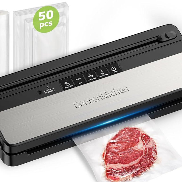 Bonsenkitchen Vacuum Sealer Machine, Multi-Functional Food Sealer, Built-in Cutter & Bag Storage, High-Speed Continuous Working, Include 50 Vacuum Bags & 1 Roll Bag, Silver