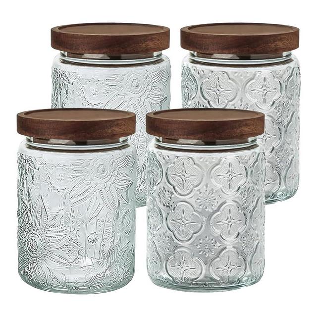 24 OZ Airtight Glass Storage Jar with Bamboo Lid - Vintage Glass Jar Vintage Food Containers Canisters Set for Kitchen Counter & Pantry - Ideal for Sugar, Flour, Coffee, Tea, Candy, Oats -4 Pack