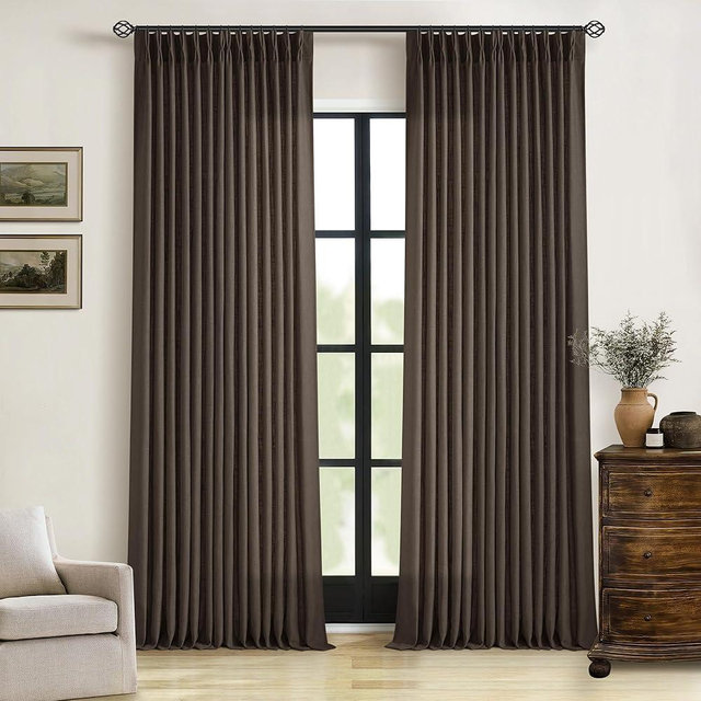 TWODRAPES Dark Chocolate Pinch Pleated Linen 120 Inch Curtains 2 Panels for Living Room Bedroom Memory Training Shaped Semi Sheer Pleat Drapes with Hooks Rings Light Filtering Window Curtain 40x120