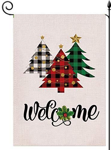 YaoChong Welcome Christmas Tree Garden Flag Vertical Double Sized 12.5 x 18 Inch, Buffalo Plaid Farmhouse Rustic Burlap House Yard Autumn Winter Outside Decoration Home Décor