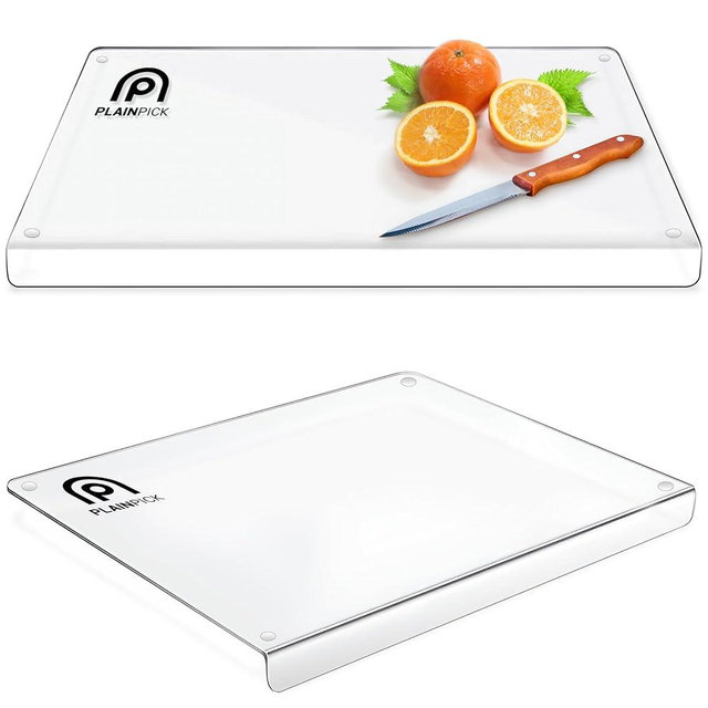 PLAINPICK Acrylic Cutting Board with Counter Lip in Small, Large and XL, Clear Cutting Board for Countertop, Acrylic Chopping Board with Counter Lip, Clear Cutting Boards for Kitchen Essential Gadgets