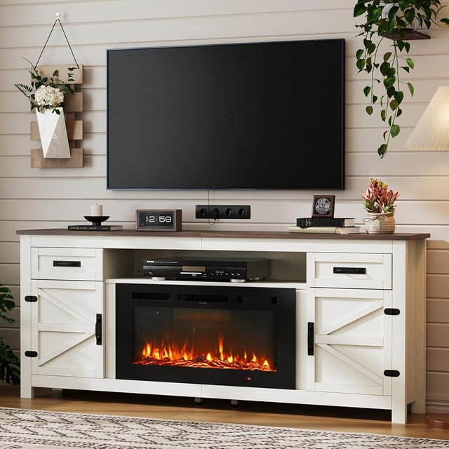 Nordivale Fireplace TV Stand with Barn Door for TVs up to 90", Farmhouse 80" Fireplace Entertainment Center with Storage Cabinets, White TV Stand and Black Fireplace