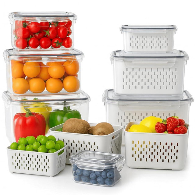 Havnddel 4 Pack Food Storage Containers with Lids – Refrigerator Organizer with Removable Colander & Drain Basket, Airtight Produce Saver for Fruits & Vegetables