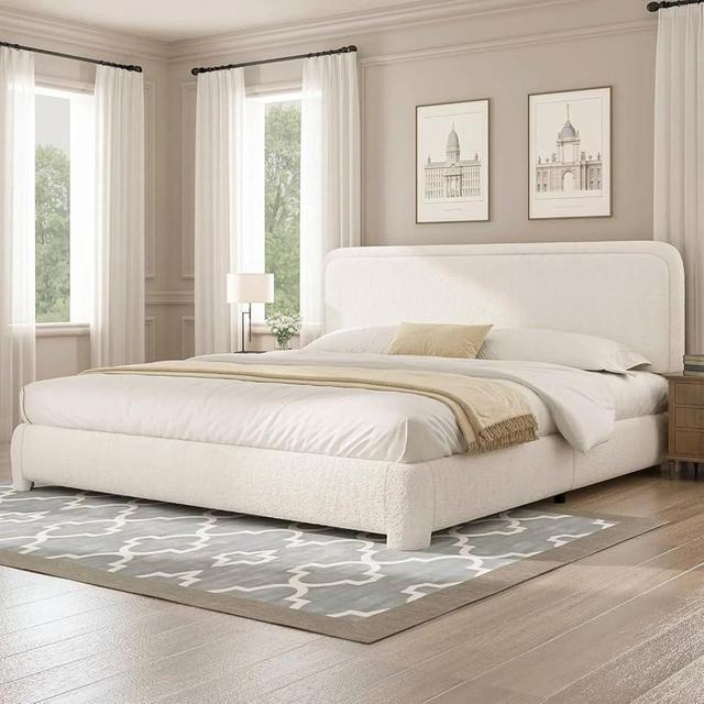 Boucle Upholstered Bed Frame King Size/Soft Rounded Corners Headboard/Low Profile Bed Frame/No Box Spring Needed/Cream