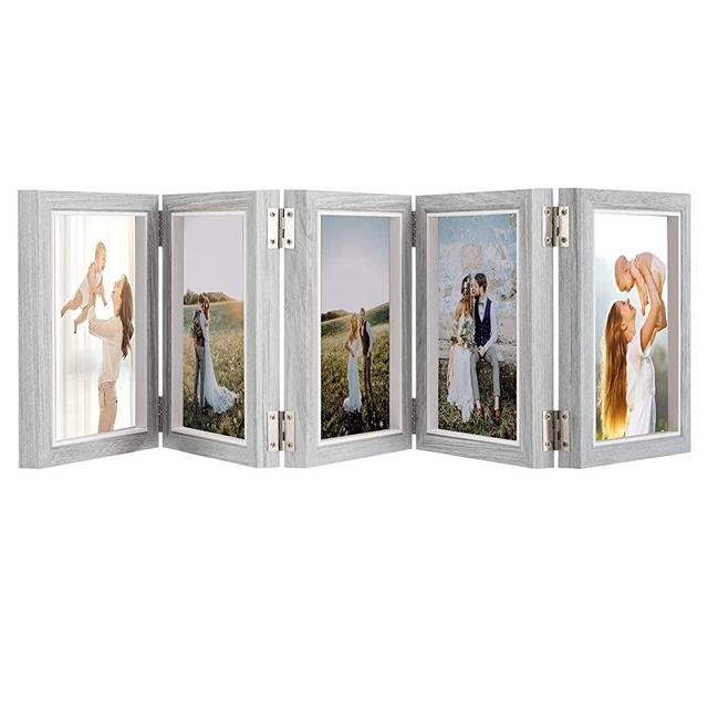 5 Folding 4" x 6" Hinged Picture Frame, Natural Wood Foldable Photo Frame with High Definition Glass Rustic Desk Family Picture Collage for Thanksgiving, Christmas, Valentine's Day, Birthday(Gray Blue