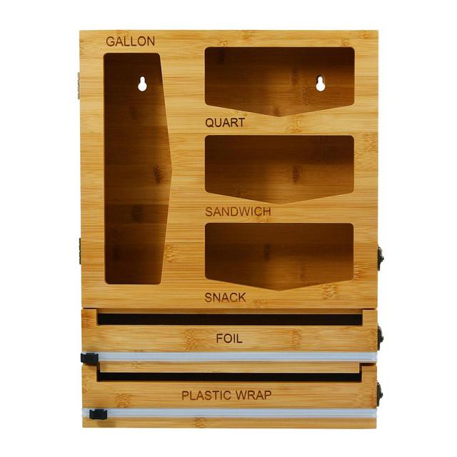 BlueCheetahCreations Bamboo Wood Bag Organizer, Foil and Wrap Dispenser with Cutter, Drawer Organizer or Wall Mount, Detachable