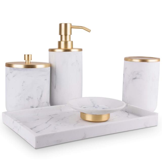 Bathroom Soap Dispenser Set - Bathroom Toothbrush Holder Set, Marble Bathroom Accessories, Gold Bathroom Accessories, Farmhouse Bathroom Decor, Gold Soap Dispenser, 5 Piece Bathroom Accessories Set