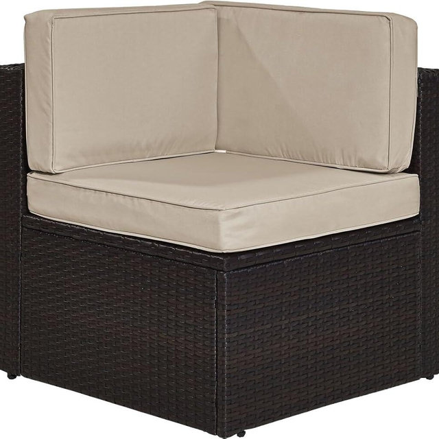 Crosley Furniture Palm Harbor Corner Outdoor Sectional Chair, Wicker Patio Chairs for Porch, Deck, Backyard, Brown with Sand Cushions