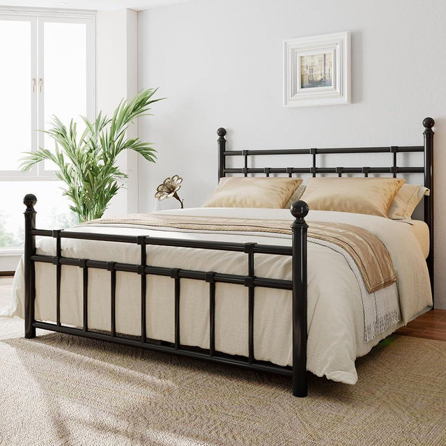iPormis Metal Bed Frame Queen Size with Vintage Headboard and Footboard, Farmhouse Queen Bed Frame, Under Bed Storage, No Box Spring Needed, Noise-Free, Black