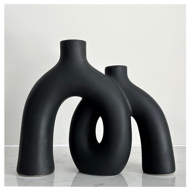Matte Black Vase Set - Hug Hollow Donut Aesthetic Ceramic Vases Home Decor, Modern Nordic Minimalist Decorative Vase for Table Centerpiece Bookshelf Office Entryway Console Fireplace (Black)