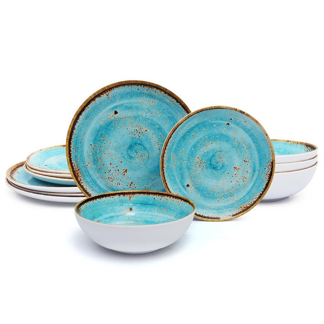 TP 12-Piece Dinnerware Set, Melamine Dishes Set with Bowls and Plates, Non-breakable and Lightweight Dinner Service for 4, Turquoise Swirl