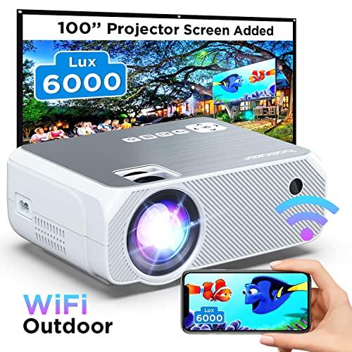 Wi-Fi Mini Projector, 6000 Lux, Bomaker Portable Projector for Outdoor Movies, Full HD 1080P Supported Outdoor Movie Projector, Wireless Screen Mirroring, for iOS/Android /Laptops /Windows/PCs- White