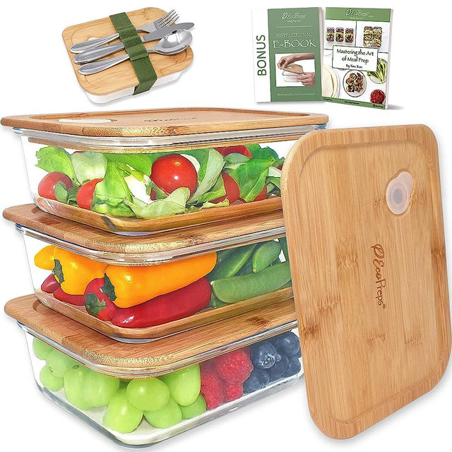 EcoPreps Glass Meal Prep Containers with Bamboo Lids【3 Pack】100% Plastic Free, Eco-Friendly Glass Lunch Containers, Bamboo Lid Storage Containers | Oven & Microwave Safe Glass Food Storage Containers