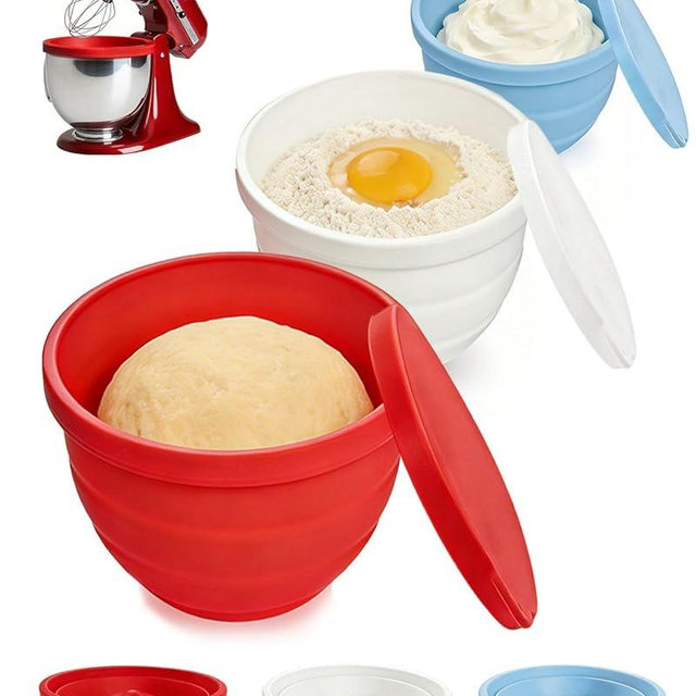 Collapsible Thickened Silicone Kitchen Aid Bowl Liners,Food Grade silicone bowl Liner,Fits 5Quart Stand Mixer,Reusable Bowl Insert with Airtight Lid,Kitchen Aid Mixer Accessories (White+Blue+Red)