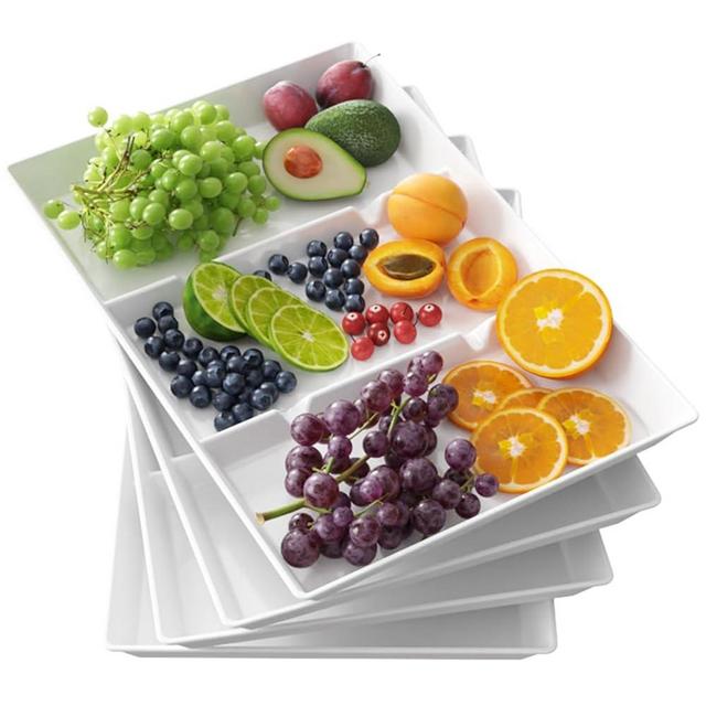 Lifewit Serving Tray Divided for Party Supplies, 15" x 10" Plastic Platters for Serving Food, 4 pcs White Reusable Tray for Veggie, Snack, Fruit, Cookies, Desserts in Kitchen/Pool/Pantry Organization