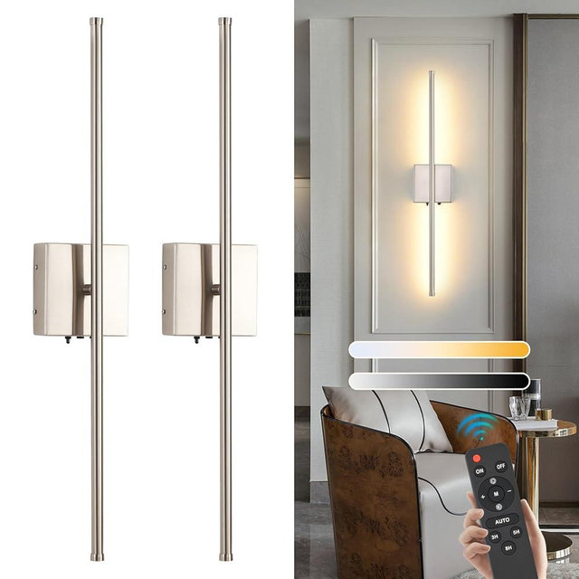 Set of 2 Battery Operated Wall Sconces, 11000mAh Wireless Rechargeable Brushed Nickel Wall Lights with Remote Control, 350°Rotate Dimmable Wall Lamp, 3 Color Temperatures, for Bedroom, Living Room