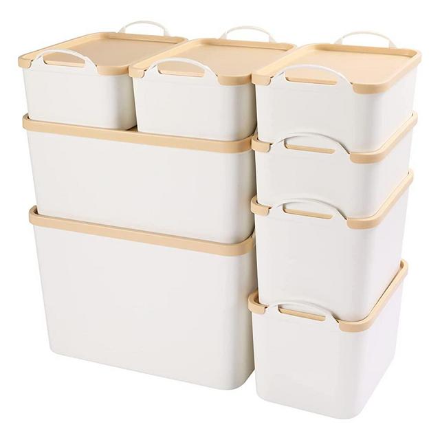 ANMINY 8PCS All-in-One Lidded Plastic Storage Bins Set White Desk Basket Box Drawer Organizer Kitchen Food Container with Handles Removable Lids Decorative Clothes Laundry Closet Cabinet Shelf Cube