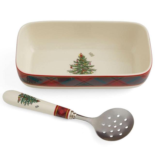 Spode Christmas Tree Collection - Tartan Cranberry Sauce Serving Dish with Slotted Serving Spoon | Rectangular Server for Entertaining | Stainless Steel Serving Spoon - 8" x 4.25"