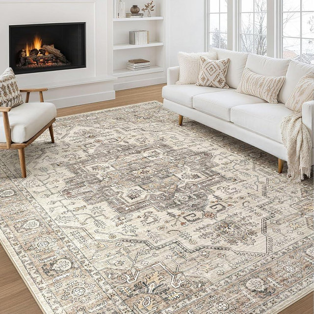 Area Rug 9x12 Washable Vintage - Soft Traditional Rugs for Living Room Large Non Slip Backing with Low Pile Farmhouse Oriental Retro Carpet for Bedroom Dining Room or Home Office - Light Brown