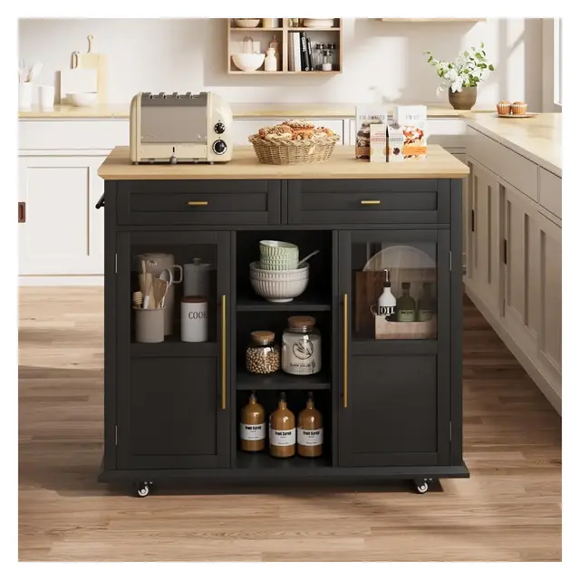 Mobile Kitchen Island Cart with Storage & Drop Leaf - Rolling Kitchen Cabinet with Drawer, Shelf & Spice Rack, Wood Dining Room Furniture