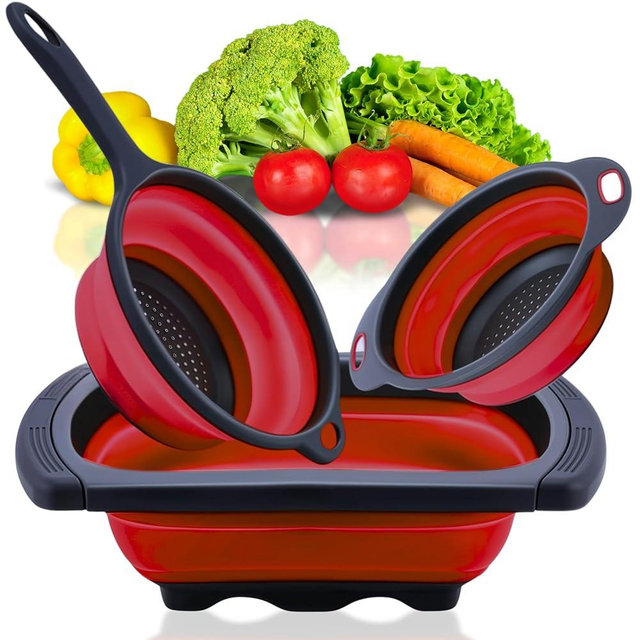 Set of 3 Red Food Strainer for Kitchen - Silicone Sieve Small Foldable Colander for Pasta and Spaghetti Multifunctional Silicone Collapsible Strainer for Camping