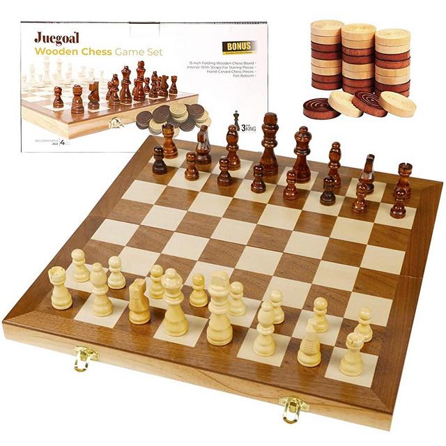 Juegoal 15" Wooden Chess & Checkers Set, 2 in 1 Board Games for Kids and Adults, with Felted Game Board Interior for Storage, Travel Portable Folding Chess Game Sets, Extra 24 Wooden Checkers Pieces