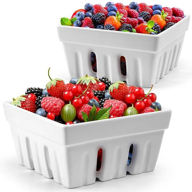 MIAMIO - Ceramic Berry Basket Set of 2 / Cute Kitchen Fruit Bowl with Draining Holes/Strawberry Storage Container
