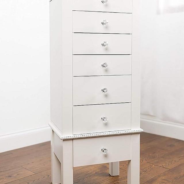 Hives and Honey Kimberly Jewelry Armoire - Modern White Storage Organizer with Divided Drawers and Necklace Hooks - French-Inspired Design with Jewel-Like Pulls - Anti-Tarnish Felt Lining