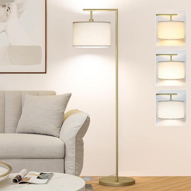 CNXIN Floor Lamp for Living Room with 3 Color Temperatures Standing Lamp with Adjustable Linen lampshade Tall Lamps for Bedroom Office Classroom Dorm Room, 9W LED Bulb Included, Gold