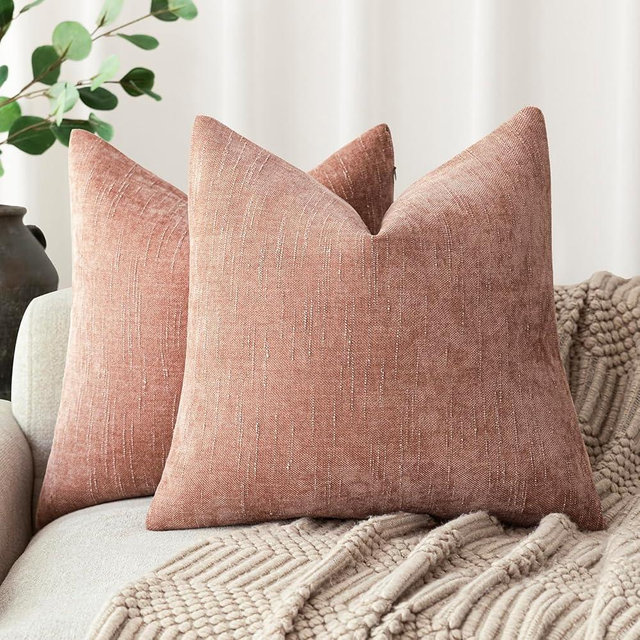 Foindtower Pack of 2 Textured Chenille Throw Decorative Pillow Covers Square Accent Solid Cushion Cover Neutral Farmhouse Pillow Case for Couch Sofa Bedroom Living Room 18x18 Inch,Dusty Pink
