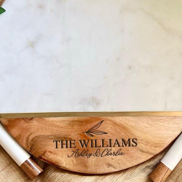 Personalized Round Board with 2pc Cutlery, Engagement Gift Bridal Shower Gift, Engraved Marble Cheese Board, Wedding Shower Gift for Couple