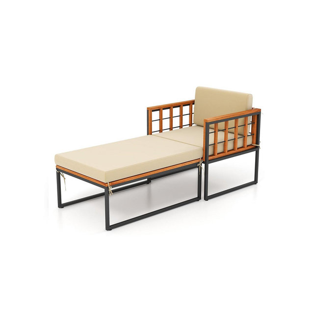SKONYON Patio Acacia Wood Armchair with Long Ottoman and Seat Back Cushions