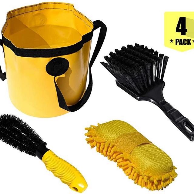 Fox Trot Tire and Wheel Cleaning Kit - The Cheetah Pack - Includes Short Handle Soft Brush, Mini Detail Scrub Brush, Chenille Microfiber Scratch Free Sponge, and Collapsible Cleaning Bucket