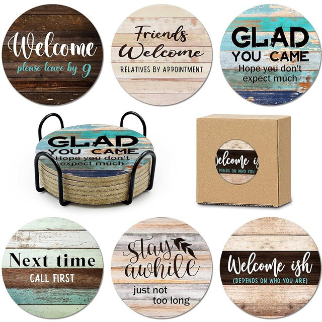 HSSPIRITZ 6 PCS Sarcastic Absorbent Cork Coasters for Drinks,Farmhouse Bar Coasters for Drinks with Holder,Funny Coasters to Protect Your Coffee Table,Gift for New Home Housewarming Bar Decor