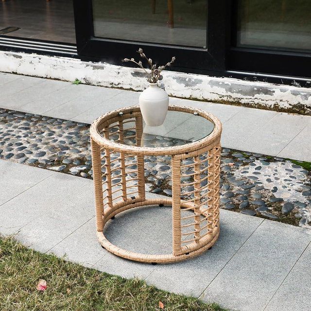 JOIVI Outdoor Wicker Side Table, All-Weather Patio Rattan End Table with Glass Top, Round Coffee Table for Patio Bistro Set, Suit Indoor Outdoor Backyard Lawn Balcony Pool