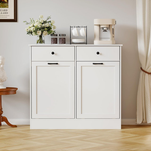Double Tilt Out Trash Cabinet, Wooden Kitchen Trash, with Deodorising Function, for Farmhouse, Pantry, Laundry Room, White