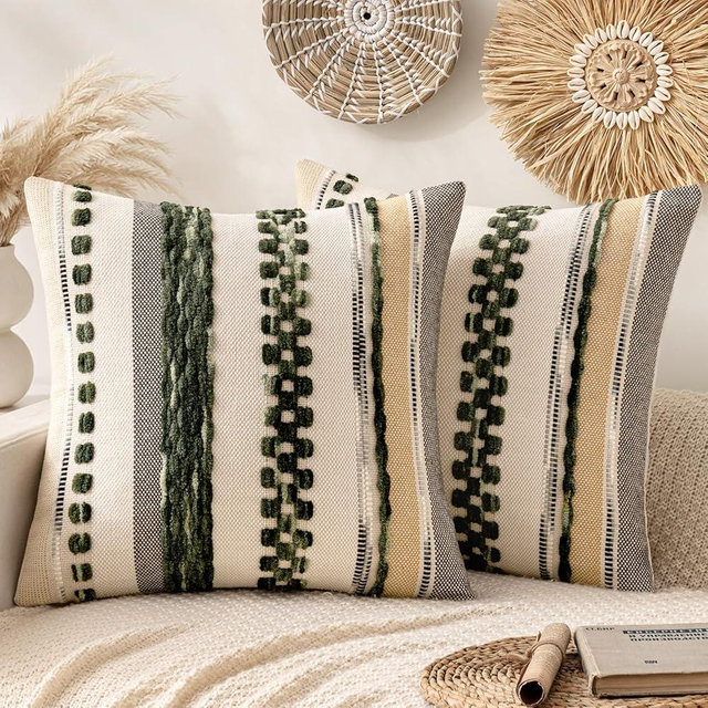 ANRODUO Pack of 2 Boho Decorative Throw Pillow Covers 20x20 Farmhouse Cushion Case Striped Chenille Pillow Cases Square Pillow Covers Accent Neutral Pillowcase for Sofa Couch Bed, Dark Green Stripe