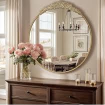 Growsun Round Wall Mirror with Vintage Gold Floral Frame – 28 Inch Decorative Wall Mirror for Living Room, Bedroom, Entryway, Bathroom Vanity – Elegant Antique Accent Home Décor