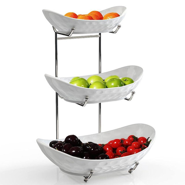 Acliys Fruit Bowl, 3 Tier Ceramic Fruit Basket, 3 Tier Serving Stand Serving Bowl with Metal Rack, Porcelain Kitchen Bowls for Fruit Vegetable Snack Nuts Dessert Cake Tray for Party Wedding