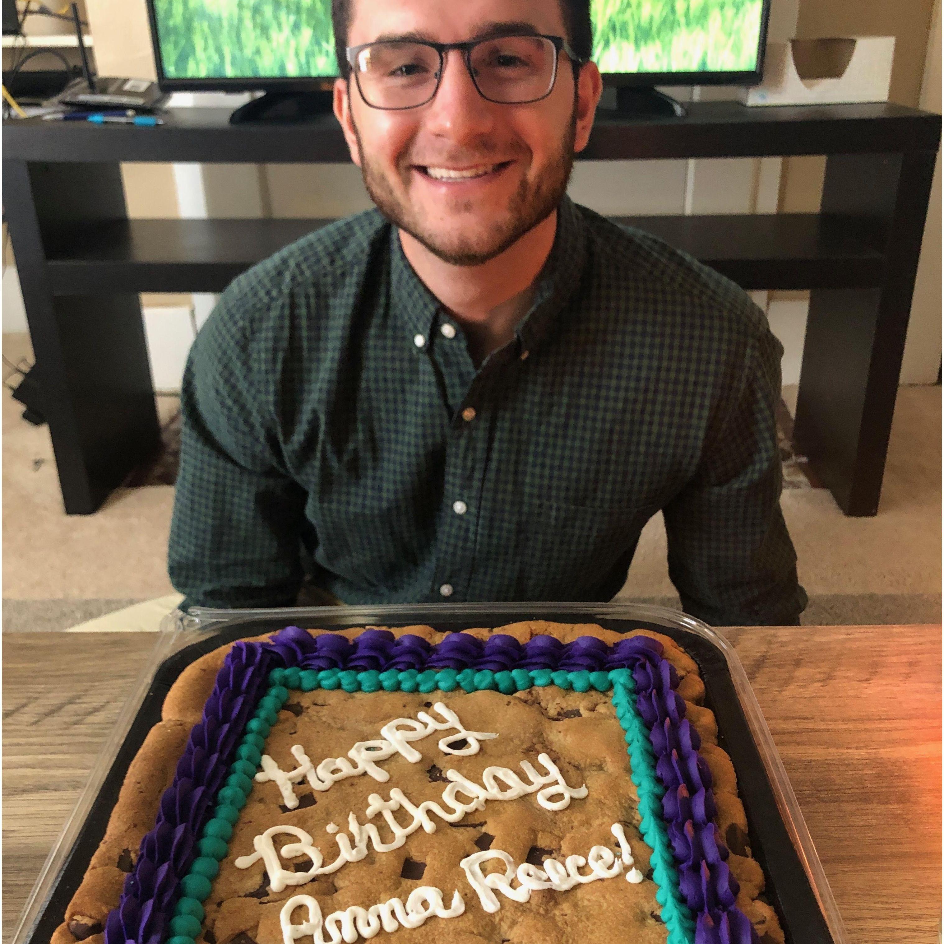 Chris surprised Anna during lunch for their first birthday spent together