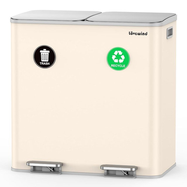 Lovewind Trash Can, 2 x 10.5 Gallon (2 x 40 L) Garbage Can for Kitchen Dual Compartment Recycling Kitchen Step Trash Bin, Stainless Steel Trash and Recycle Bin Combo with Soft-Close Lid, Apricot