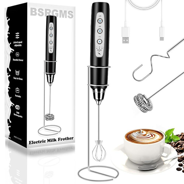 BSRGMS Milk Frother Handheld with Stand, Electric Whisk 3 Speed Adjustable, Drink Mixer with Stainless 3 Whisk, Rechargeable Hand Frother Wand, Foam Maker for Latte Cappuccino Hot Chocolate Egg Black
