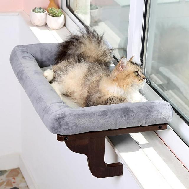 Zakkart Cat Perch for Window Sill with Bolster - Orthopedic Design with Premium Hardwood & Robust Metal Frame - Cat Window Seat for Large Cats and Kittens - Dark Stained Wood with Gray Bed