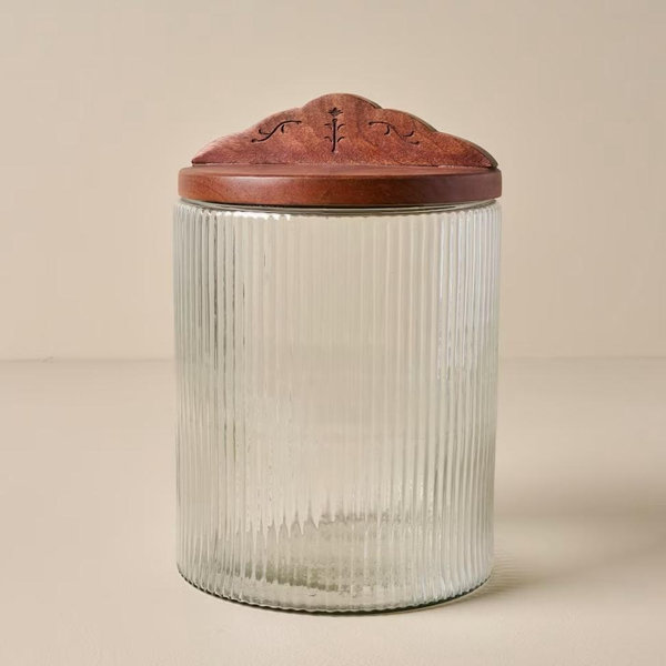 Antiqued Wood Ribbed Glass Canister - Large