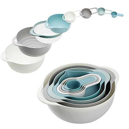 Plastic Mixing Bowls - Multicolored Mixing Bowl Set of 8, Nest for Easy Storage, inculding Measuring Cups, Colander, Sifter, Large Bowl, Great for Cooking and Baking, BPA Free